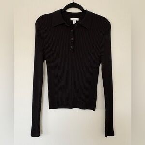 Topshop Black Ribbed Long Sleeve Collared Top